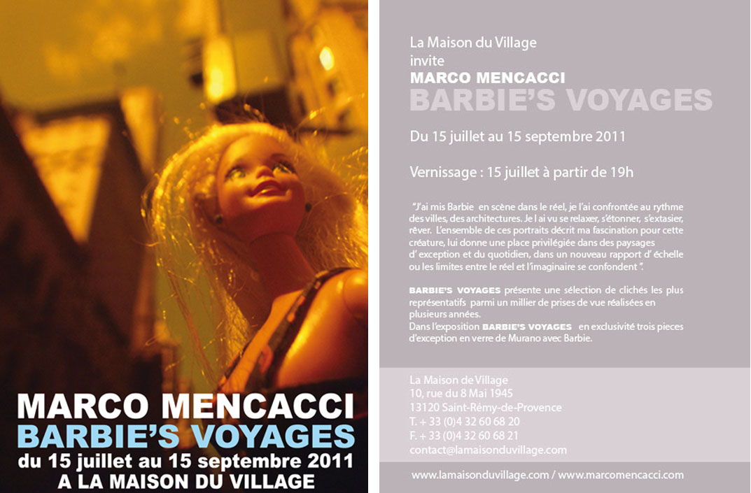 Invitation recto verso de l'exposition "BARBIE'S VOYAGES "de Marco Mencacci 2011